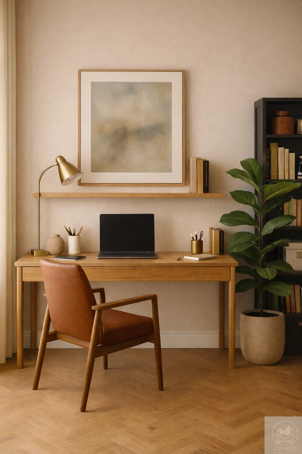 półka drewniana do gabinetu – nowoczesne domowe biuro, rośliny, książki i uporządkowana strefa pracy