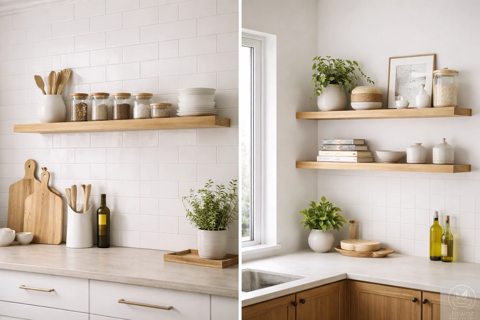 półka drewniana do kuchni na ścianę – lekka aranżacja, jasne wnętrze, naturalne drewno i dodatki kuchenne