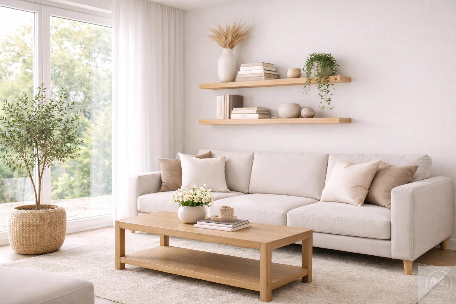 półka drewniana na ścianę nad komodą w salonie – jasne wnętrze, minimalizm i naturalne drewno, nowoczesna aranżacja