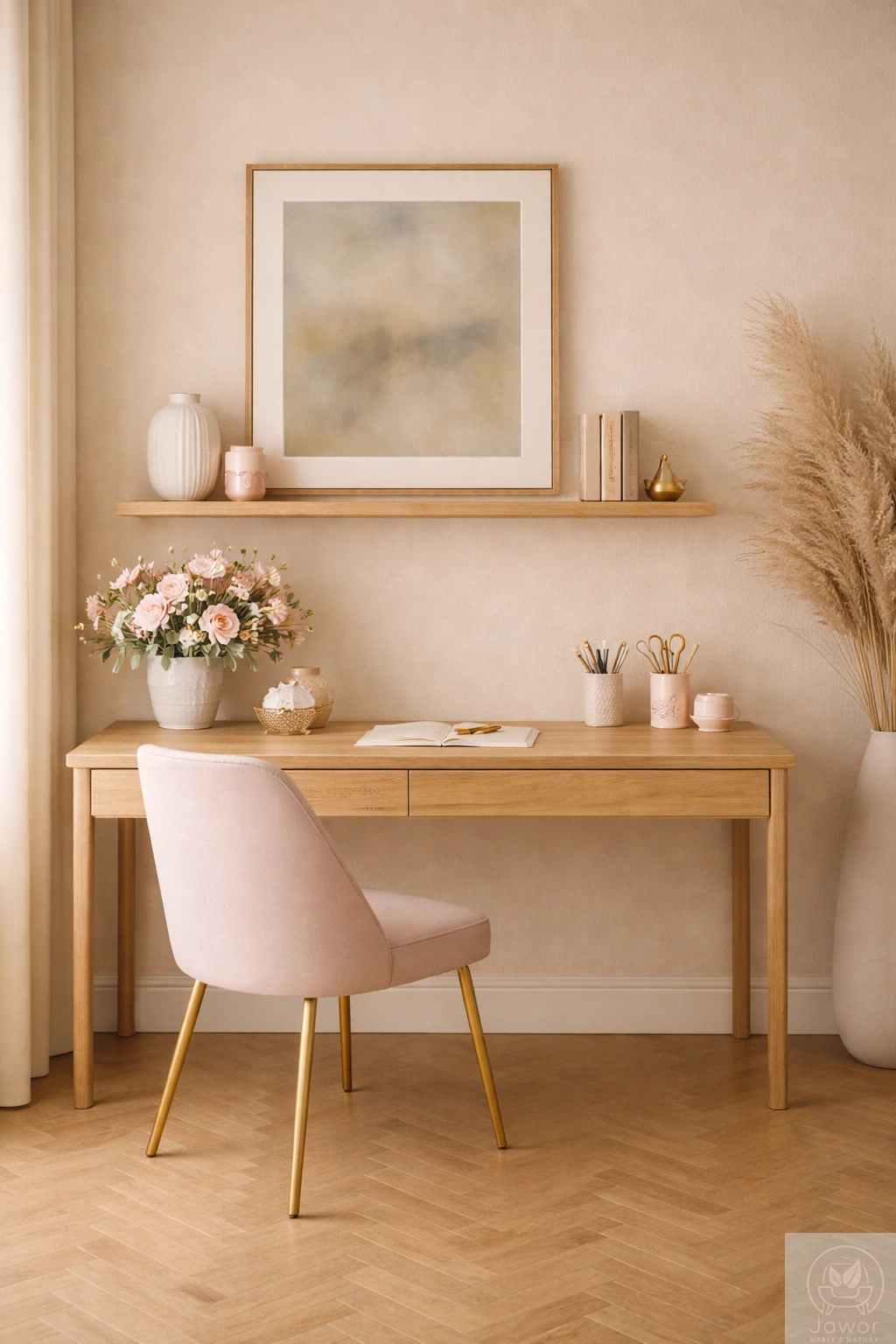 półka drewniana nad biurkiem w gabinecie – spokojna strefa pracy, jasne wnętrze, rośliny i dodatki na półce
