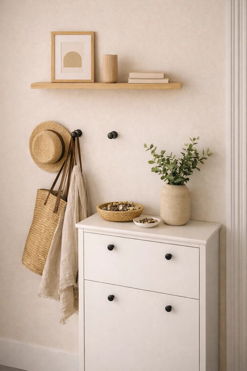 półka sosnowa na ścianę w przedpokoju premium – konsola i lustro, jasne beże, naturalne drewno, elegancka aranżacja