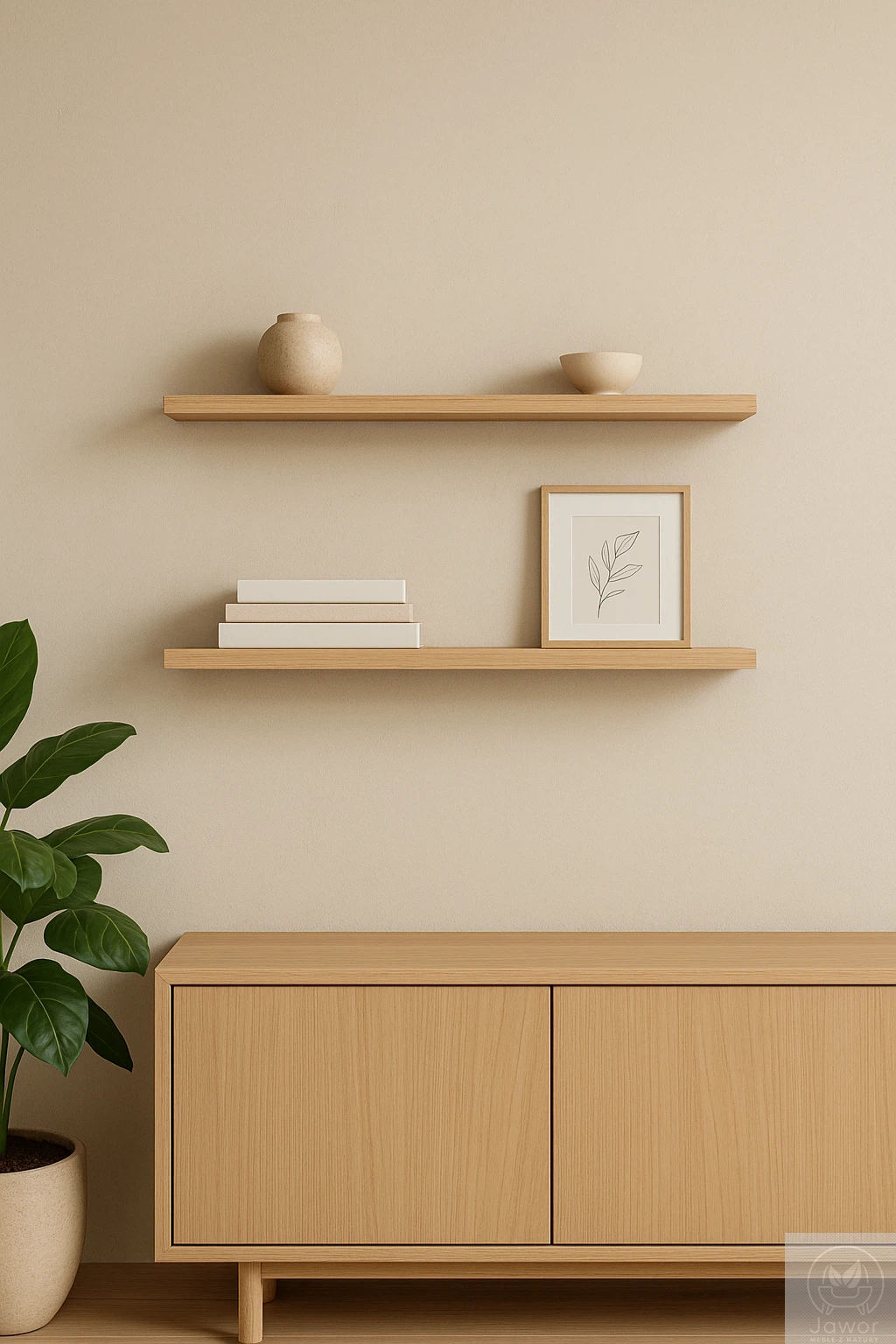 Półka sosnowa na ścianę z litej sosny – krawędź prosta, jasne drewno nad komodą