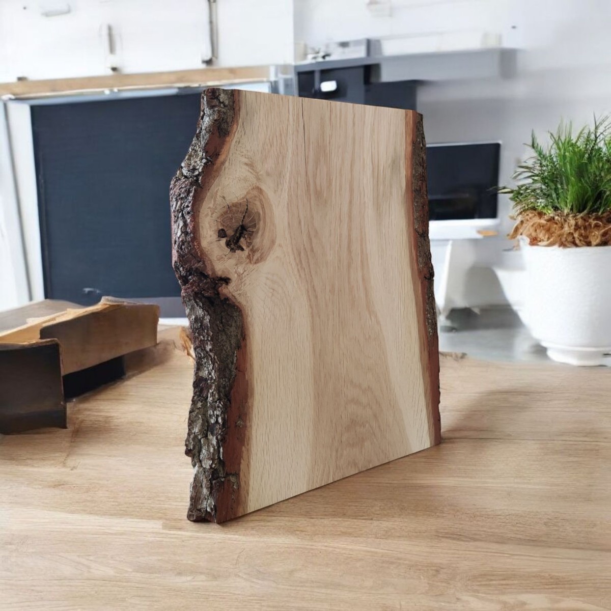 Podobrazie drewniane malarskie z korą, 34×20–21 cm; widok przodu, nieregularna krawędź i dwa pęknięcia.