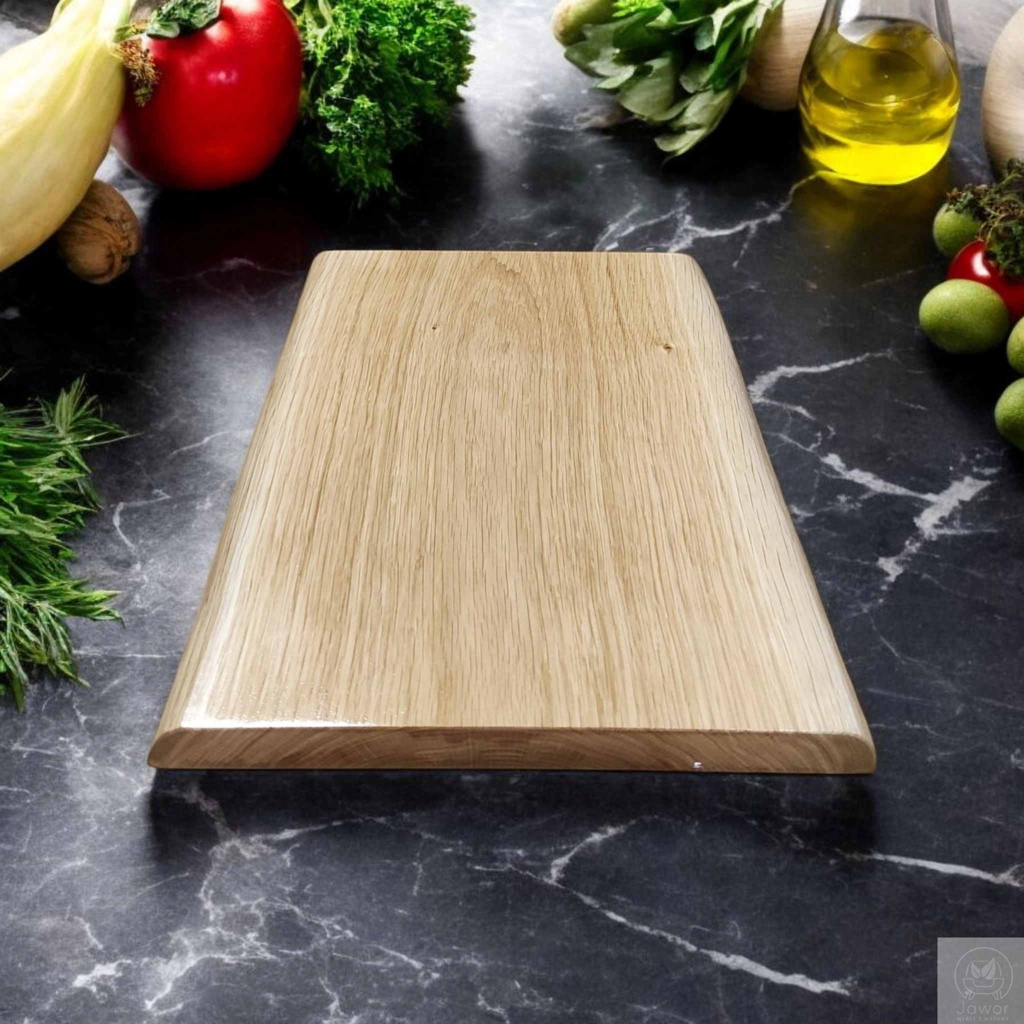 Deska do krojenia dębowa z jednego kawałka drewna – olejowana 19–27 cm, ciemny marmur, oliwa i warzywa