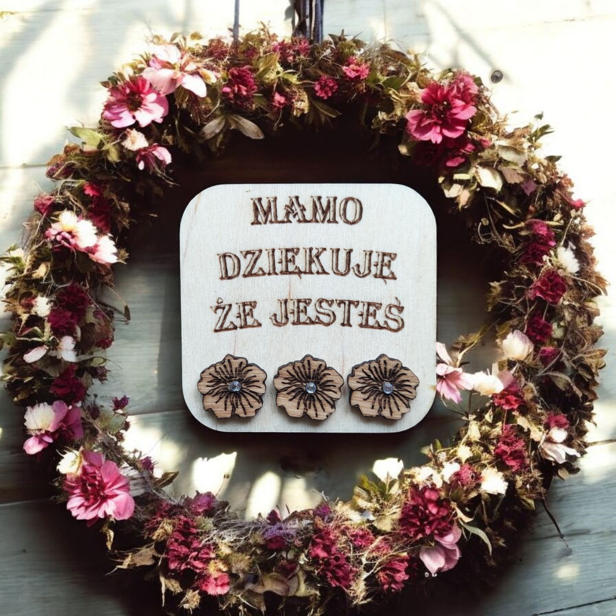 Kolczyki kwiaty drewniane cyrkonia zapięcie stal chirurgiczna