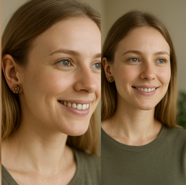 Kolczyki kwiaty z drewna na modelce z daleka delikatny blask cyrkonii