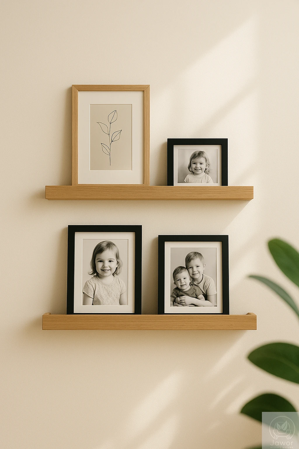 Półki dębowe na zdjęcia 40 i 60 cm — komplet dwóch listew w naturalnym dębie, aranżacja z roślinami w tle