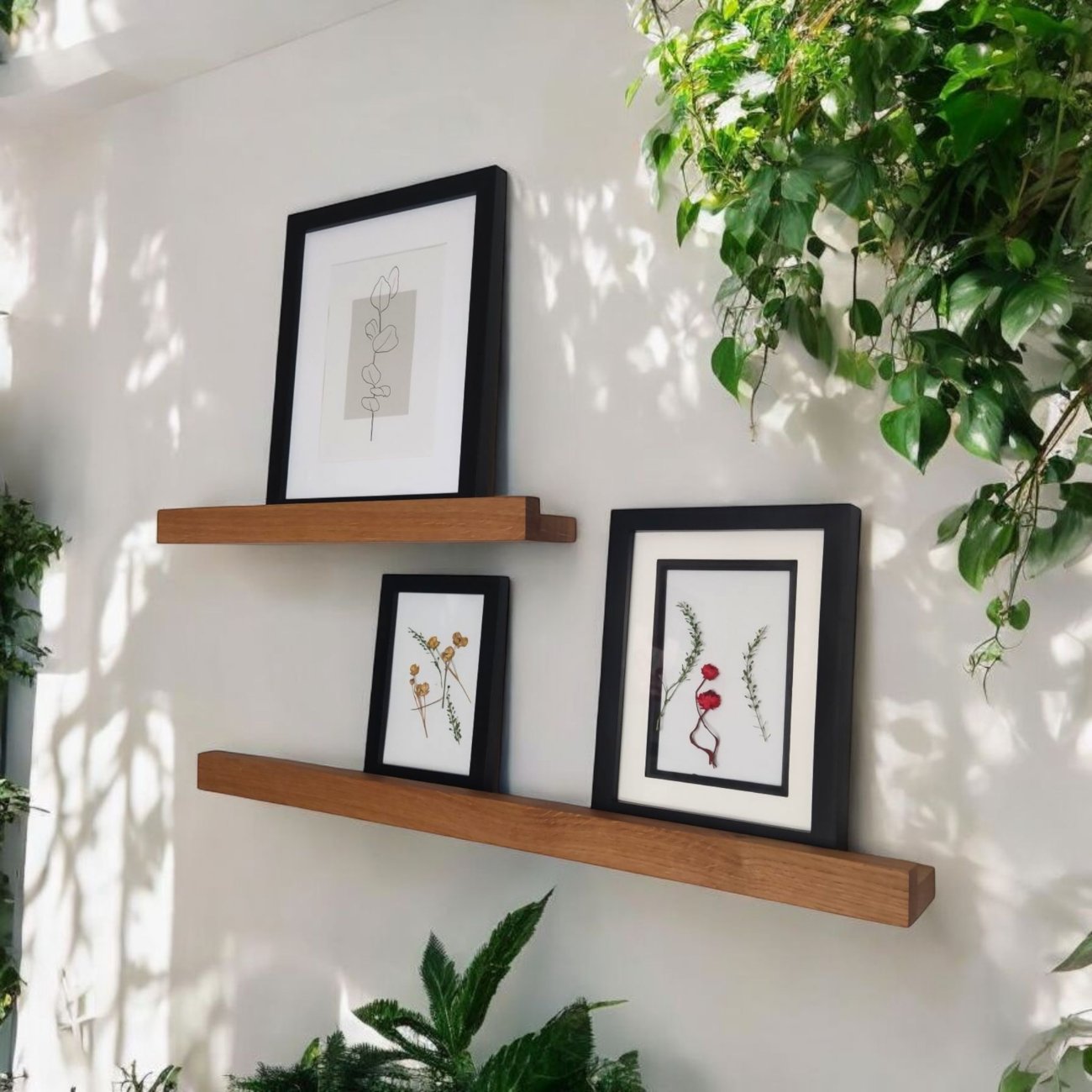 półki dębowe na zdjęcia i obrazy – zestaw 40 i 60 cm, naturalny dąb, minimalistyczna ekspozycja