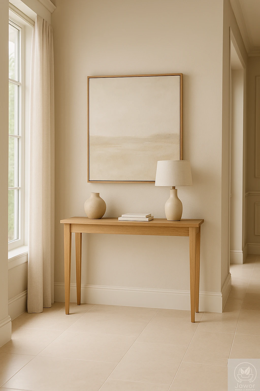 Konsola dębowa wąska 100 cm w salonie, z lampą i obrazem nad blatem, lity dąb olejowany i woskowany w macie