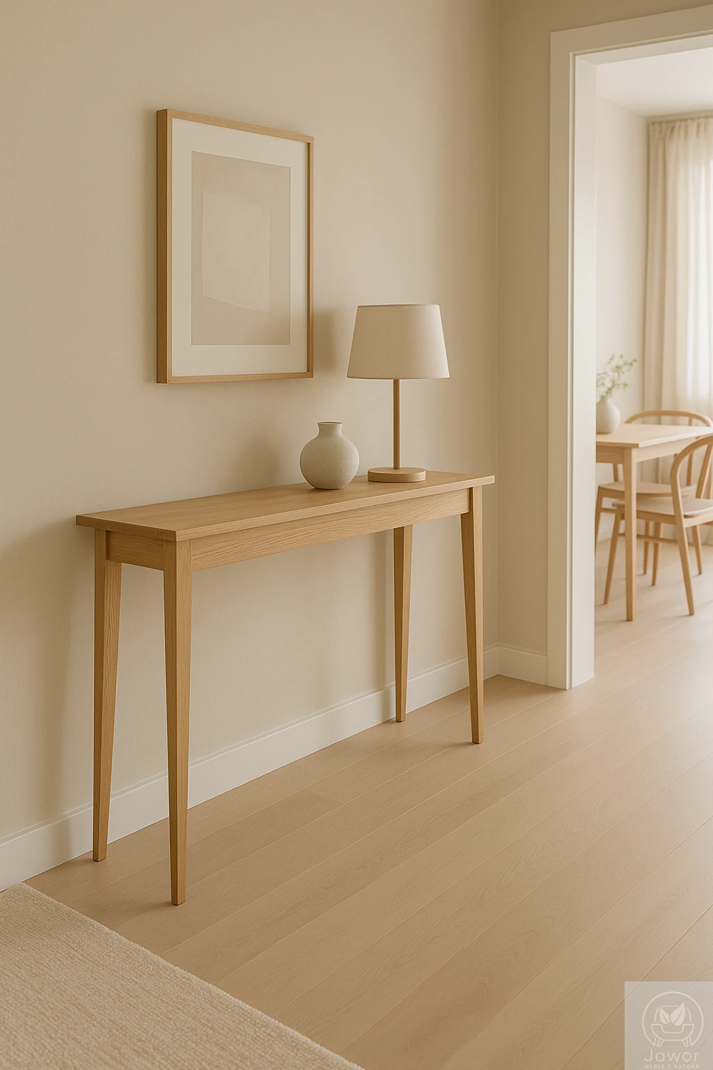 Konsola dębowa wąska 100 cm w holu, ujęcie z lewej strony — wąski blat 25–28 cm, klasyczne nogi i naturalny rysunek dębu