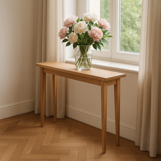 Konsola dębowa 100 cm – personalizowana głębokość, lity dąb, smukłe nogi do korytarza