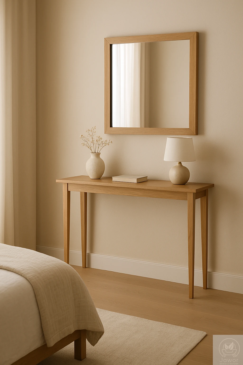 Konsola dębowa wąska 90 cm z oddali w sypialni, lity blat z dębu i smukłe nogi przy ścianie