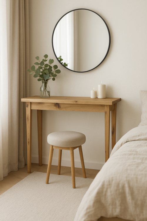 Konsola dębowa detal blatu – wyraziste słoje i naturalne sęki dębu