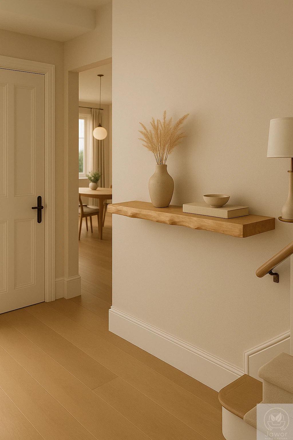 Konsola dębowa na ścianę 80–100 cm, wisząca na ukrytych wspornikach, naturalna krawędź live edge, aranżacja z wazonem w jasnym holu