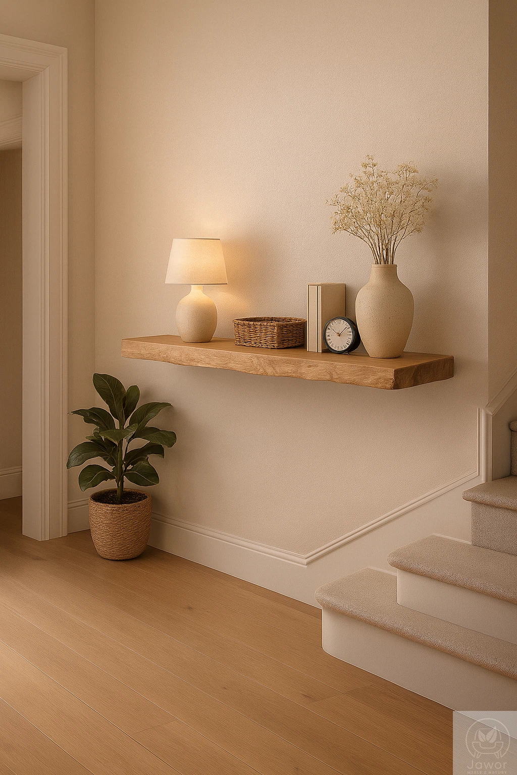 Konsola dębowa na ścianę 80–100 cm z litego dębu, wisząca w przedpokoju, jasne ściany, lustro i dekoracje w stylu premium