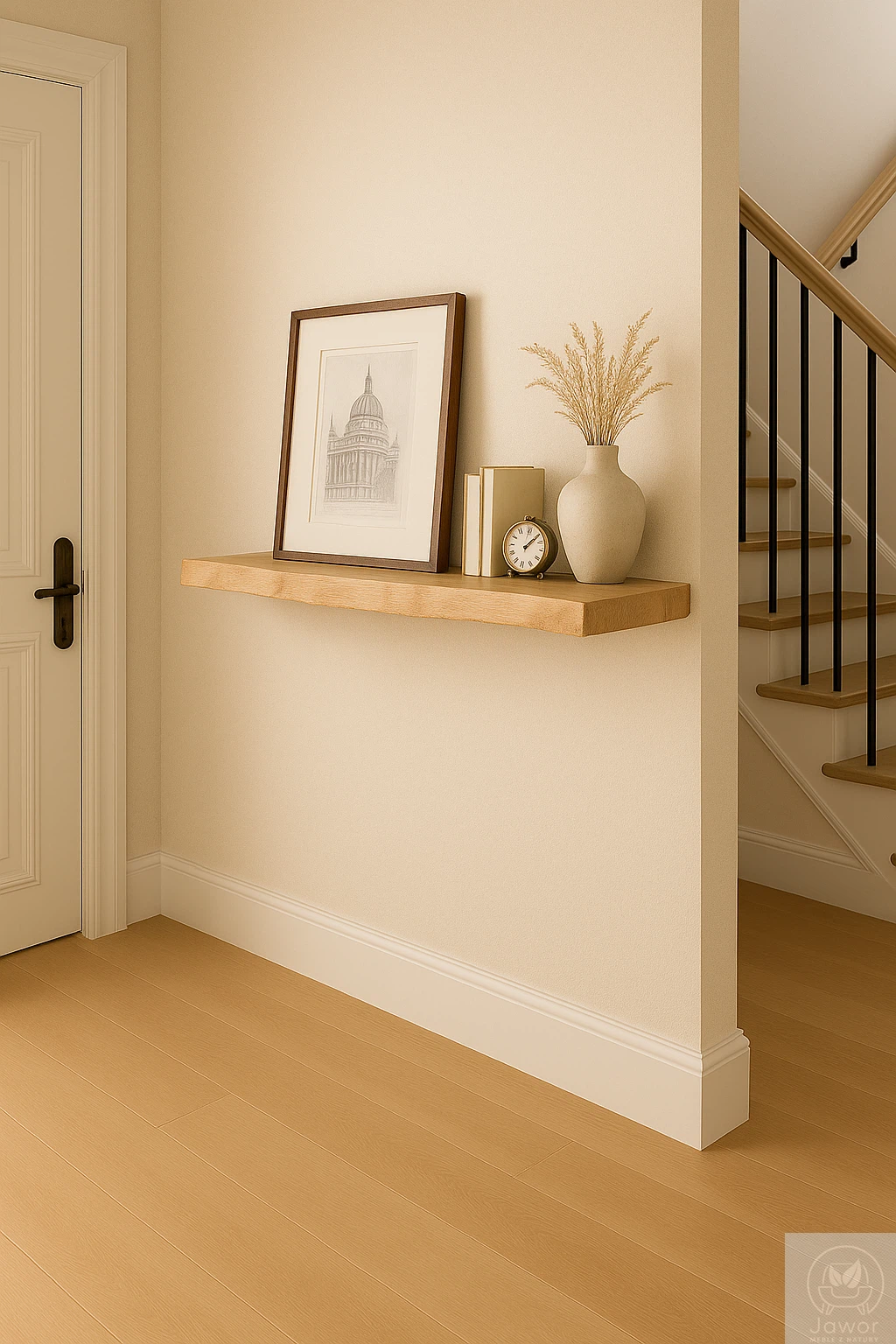 Konsola dębowa na ścianę 80–100 cm, widok z perspektywy 3/4, gruby blat 4 cm, nieregularna krawędź, detal słojów dębu