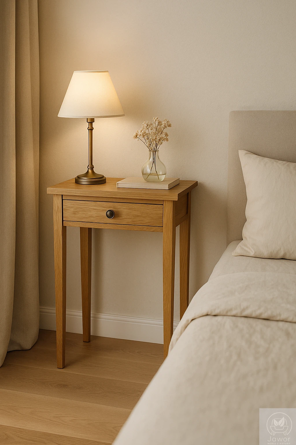 Konsola dębowa z szufladą 50 cm w sypialni z lampą — naturalny dąb, subtelny mat