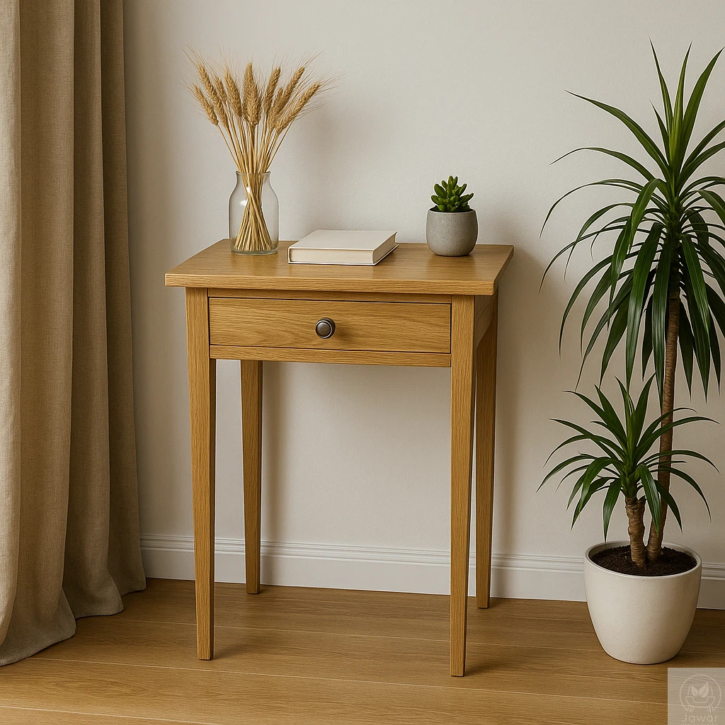 Konsola dębowa 50 cm z szufladą — aranżacja z wazonem, naturalny rysunek słojów