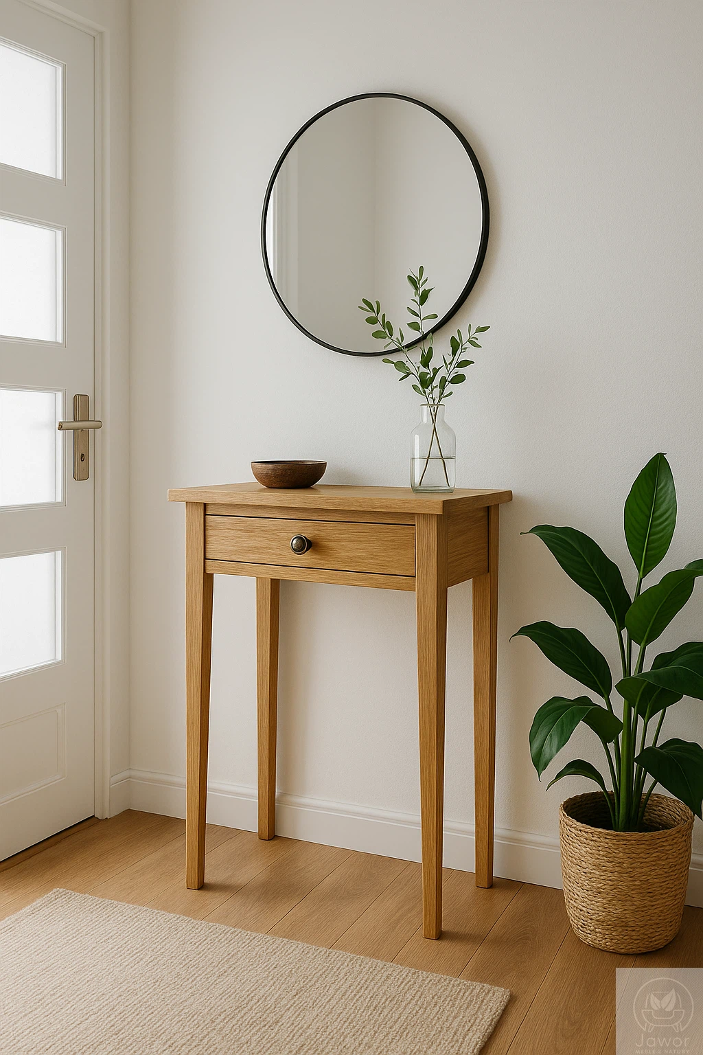 Konsola dębowa z szufladą 50 cm w salonie, klasyczny styl, lity dąb, matowe wykończenie olej + wosk