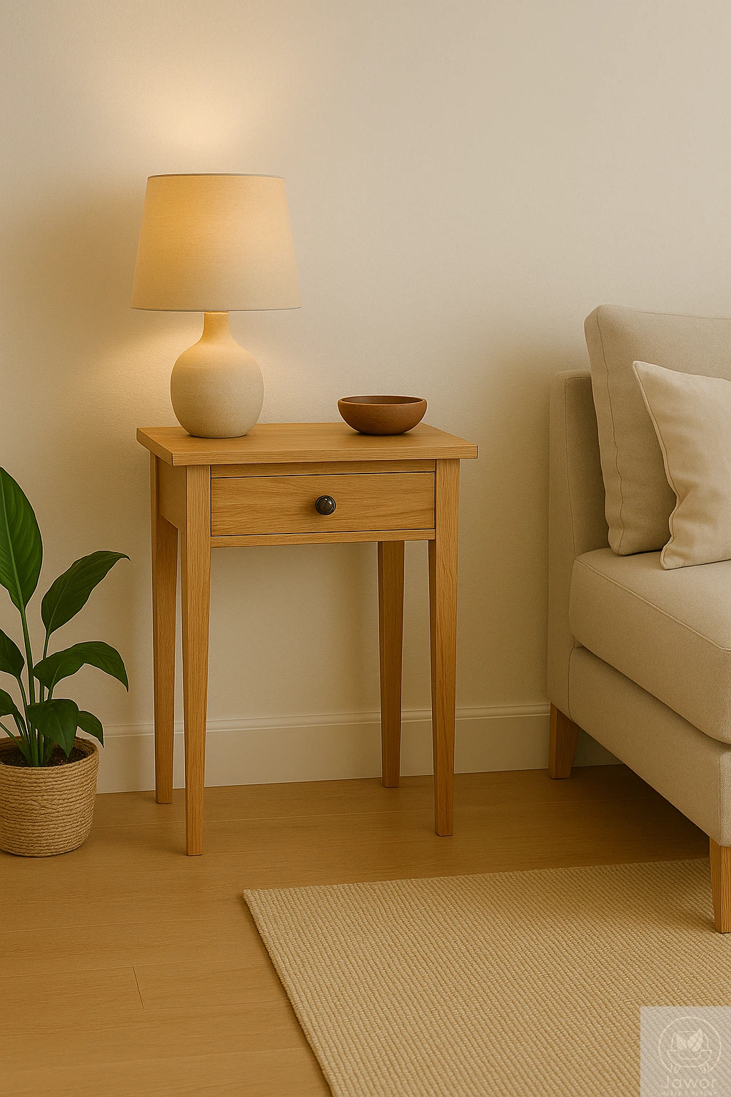 Konsola dębowa z szufladą 50 cm w ciepłym, wieczornym świetle — olejowana i woskowana