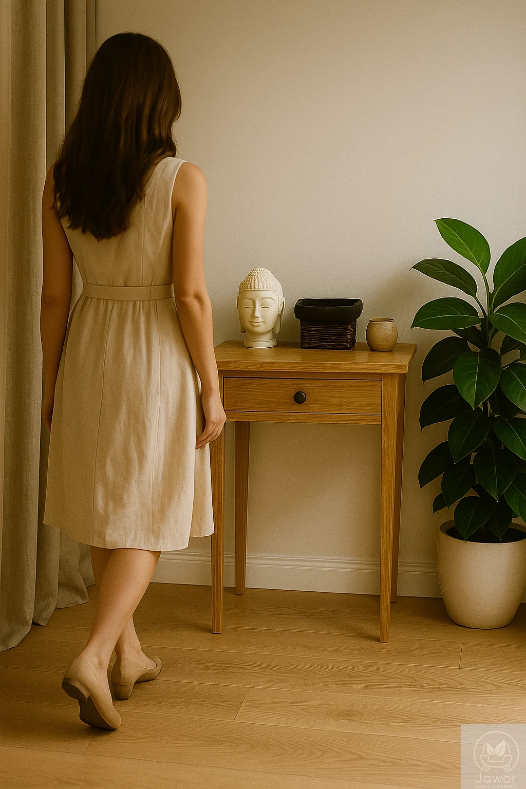 Konsola dębowa z szufladą 50 cm w aranżacji salonu — ujęcie lifestyle z sylwetką w ruchu