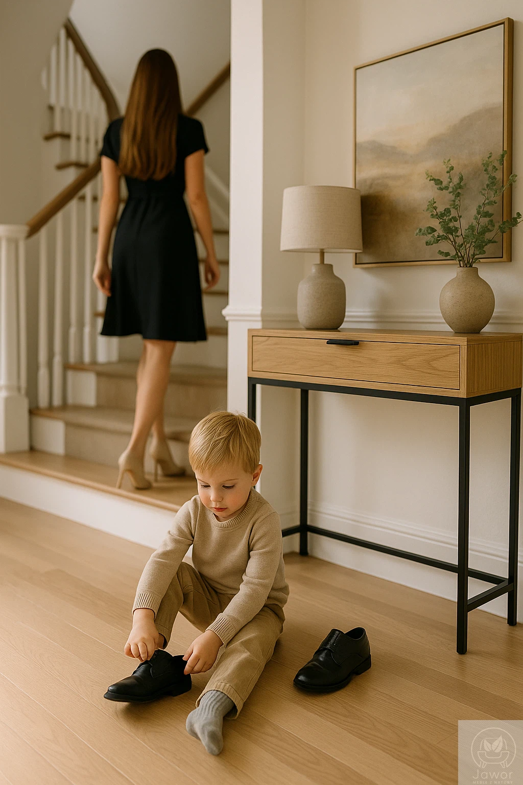 Konsola dębowa z szufladą 80–100 cm w holu domowym, na czarnym stelażu loft, lity dąb w naturalnym odcieniu