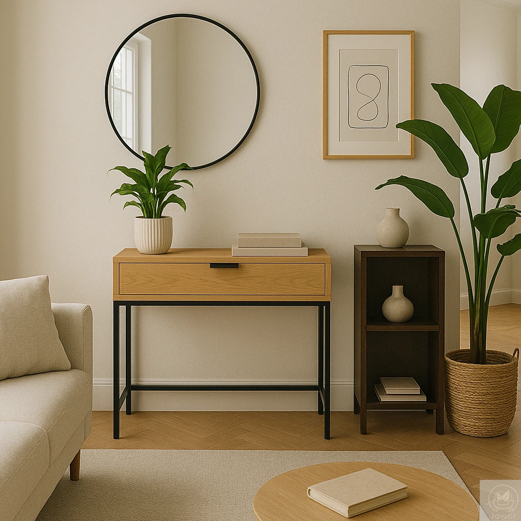 Konsola dębowa z szufladą 80–100 cm w salonie, aranżacja wnętrza w stylu loft, naturalny dąb i czarny stelaż metalowy