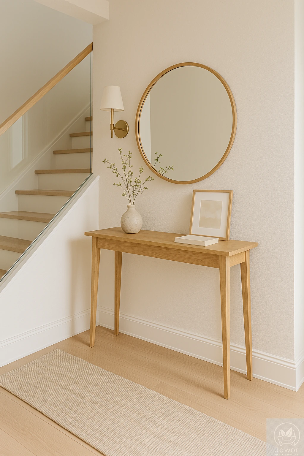 Konsola dębowa 80 cm w przedpokoju, ujęcie z prawej strony, wąski blat i klasyczne nogi