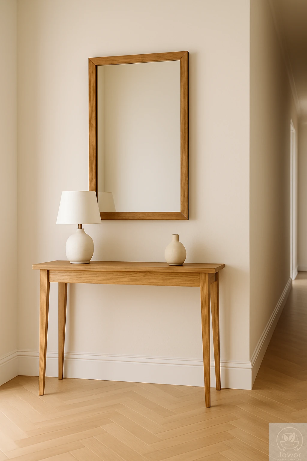 Konsola dębowa 80 cm w przedpokoju, widok z oddali — lekki, klasyczny mebel przy ścianie