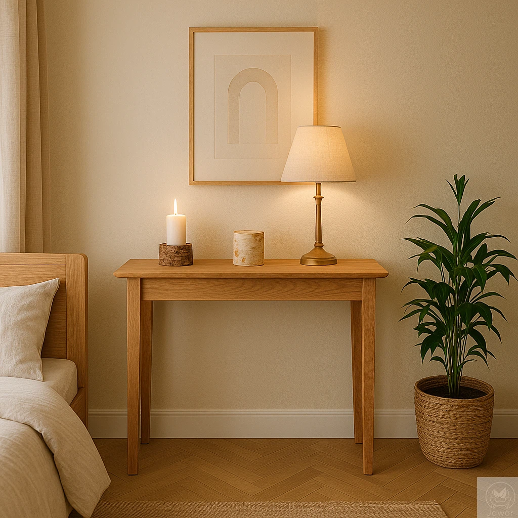 Konsola dębowa fazowana 80–100 cm w sypialni, widok z przodu, lity blat z dębu z krawędzią ciętą pod kątem 45 stopni