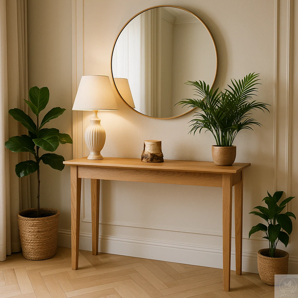 Konsola dębowa fazowana 80–100 cm, widok boczny, fazowane krawędzie blatu 45 stopni, lity dąb olejowany