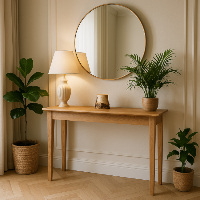 Konsola dębowa do przedpokoju – fazowane krawędzie 45°, lity dąb, elegancki profil