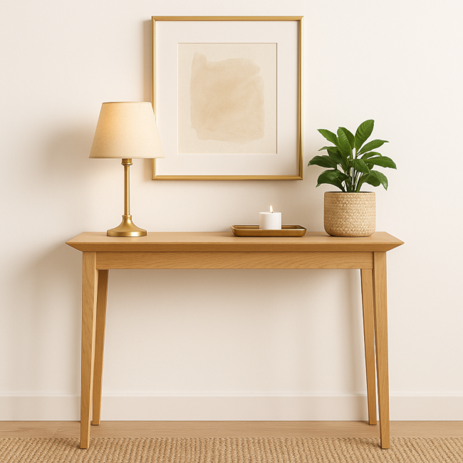 Konsola dębowa – krawędź 45°, lekka optycznie, spójne usłojenie, do holu