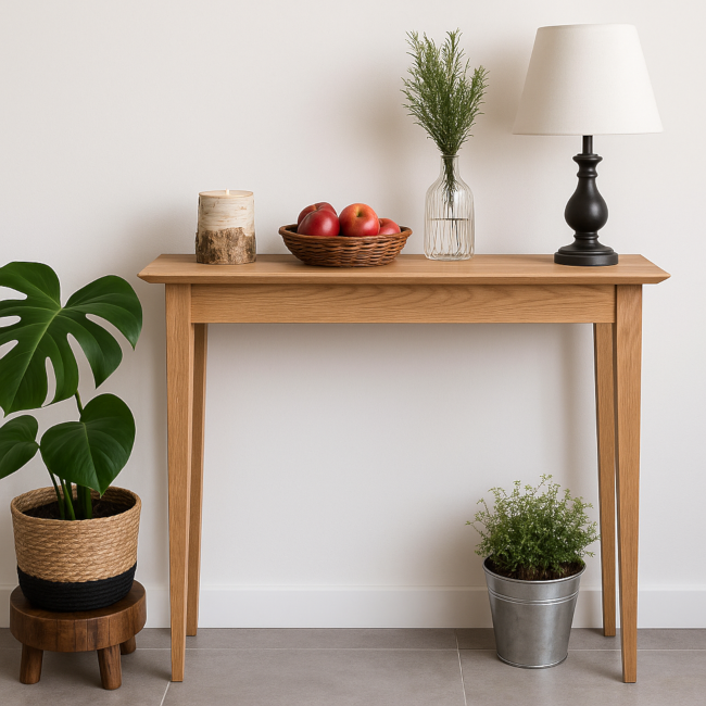 konsola dębowa z fazą 45°, widok frontowy w przedpokoju, długość 80–100 cm, naturalny blat olejowany