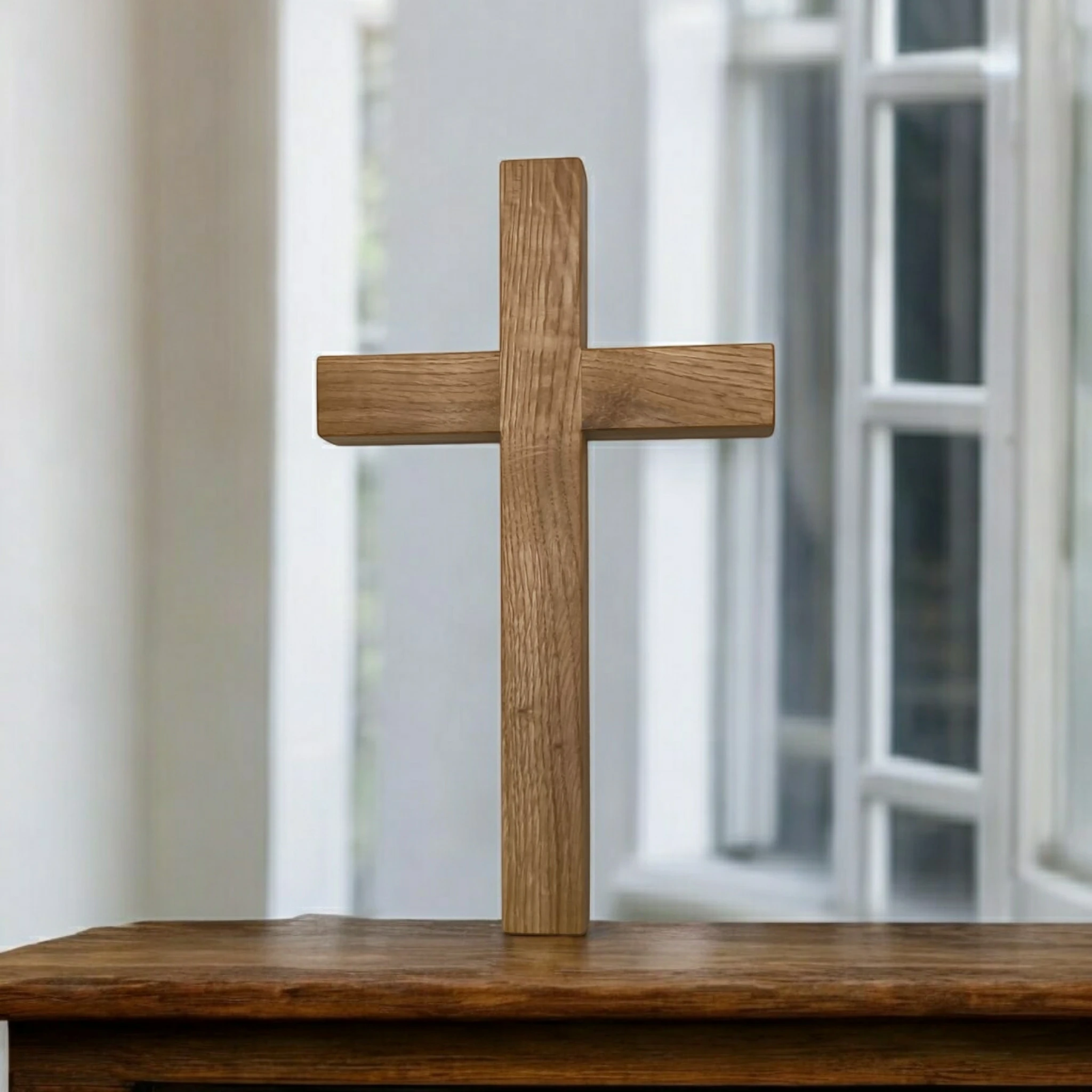 Krzyż dębowy 30 cm na ścianę – wersja klasyczna, lity dąb, wyraźne słoje, eleganckie wykończenie