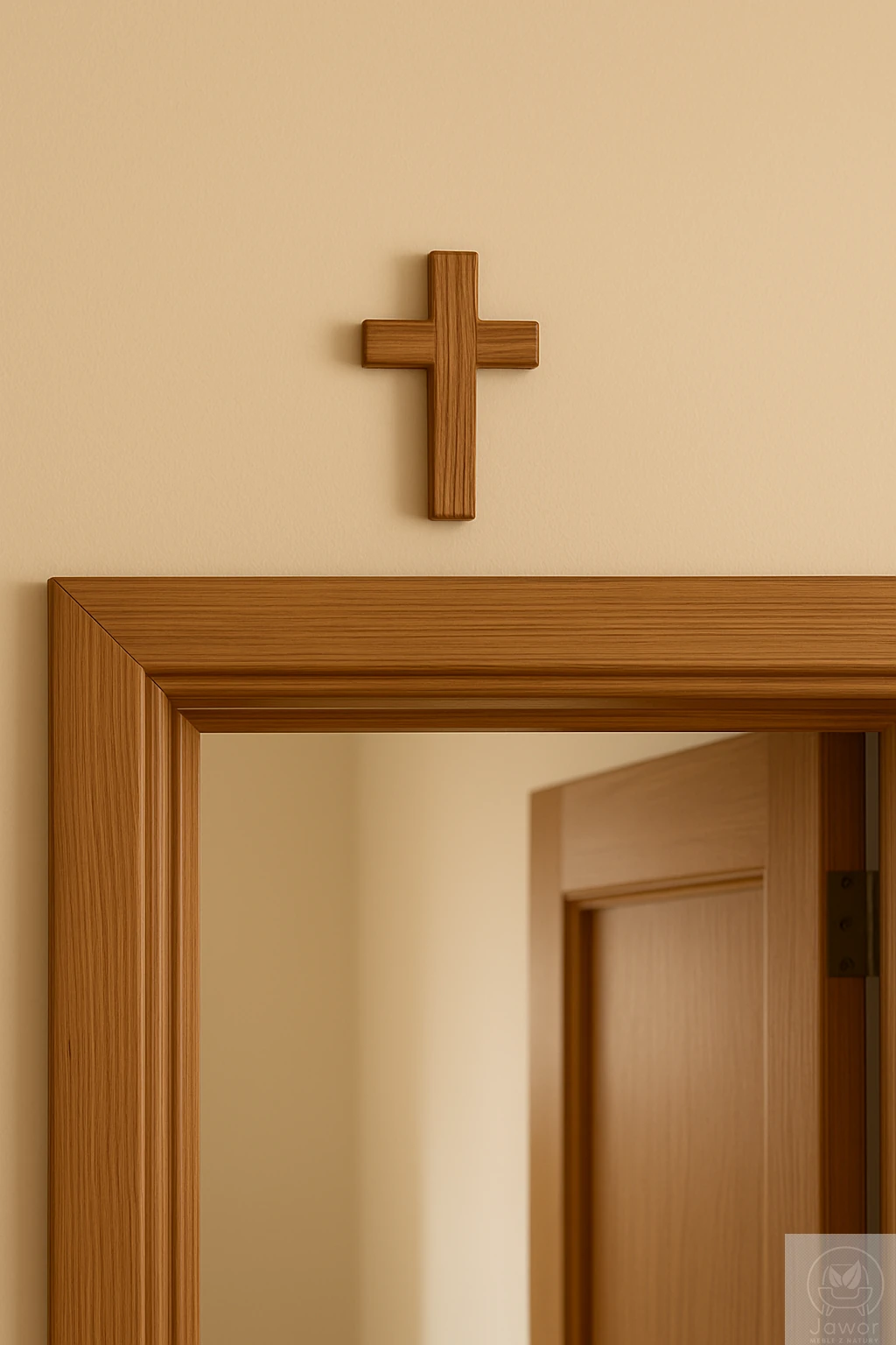 Krzyż dębowy 15 cm nad drzwiami – na ścianie, ręcznie wykonany z litego dębu, subtelna forma