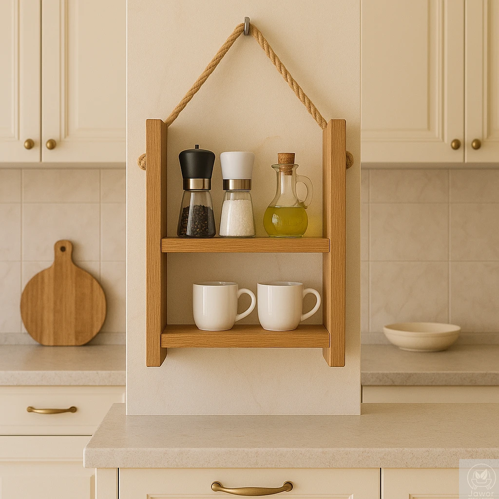półka dębowa na linie jutowej, dwupoziomowa — nad blatem w kuchni, przyprawy i słoiczki, lity dąb