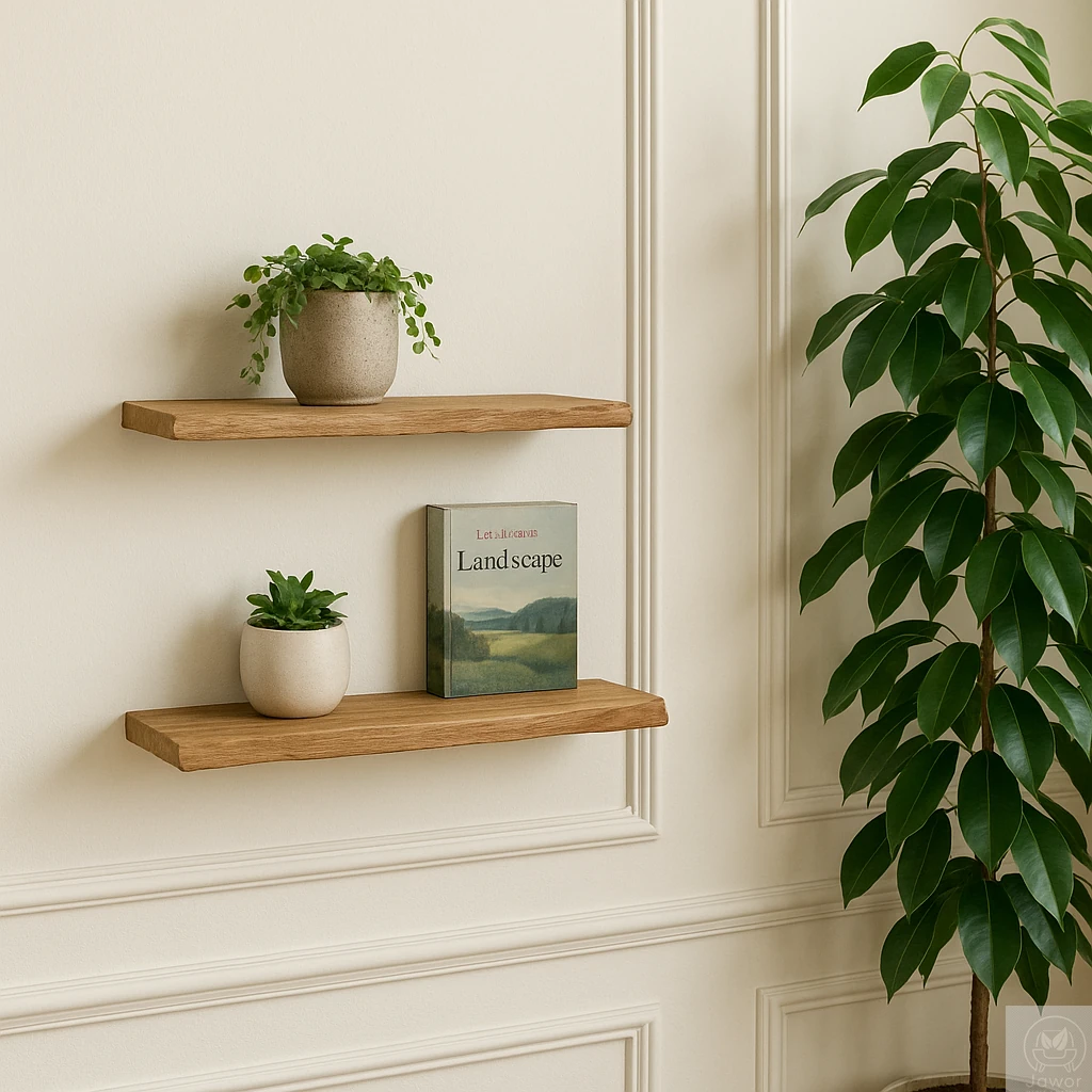 Półka dębowa wisząca 40 cm z naturalną krawędzią – aranżacja w boho i rustykalnym wnętrzu, lity dąb