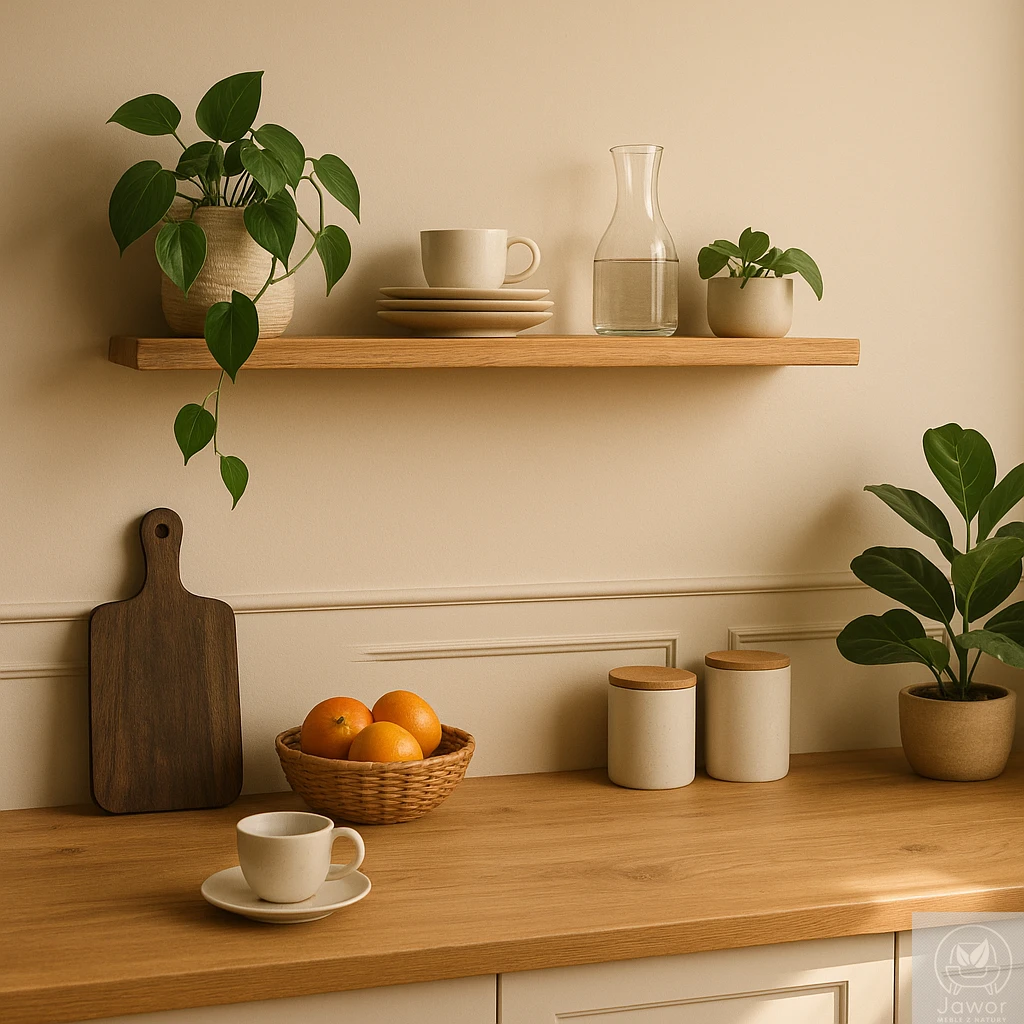 Półka dębowa 90 cm na ścianę w kuchni – lita deska dębowa 2,5×19,5 cm, miejsce na przyprawy i kubki