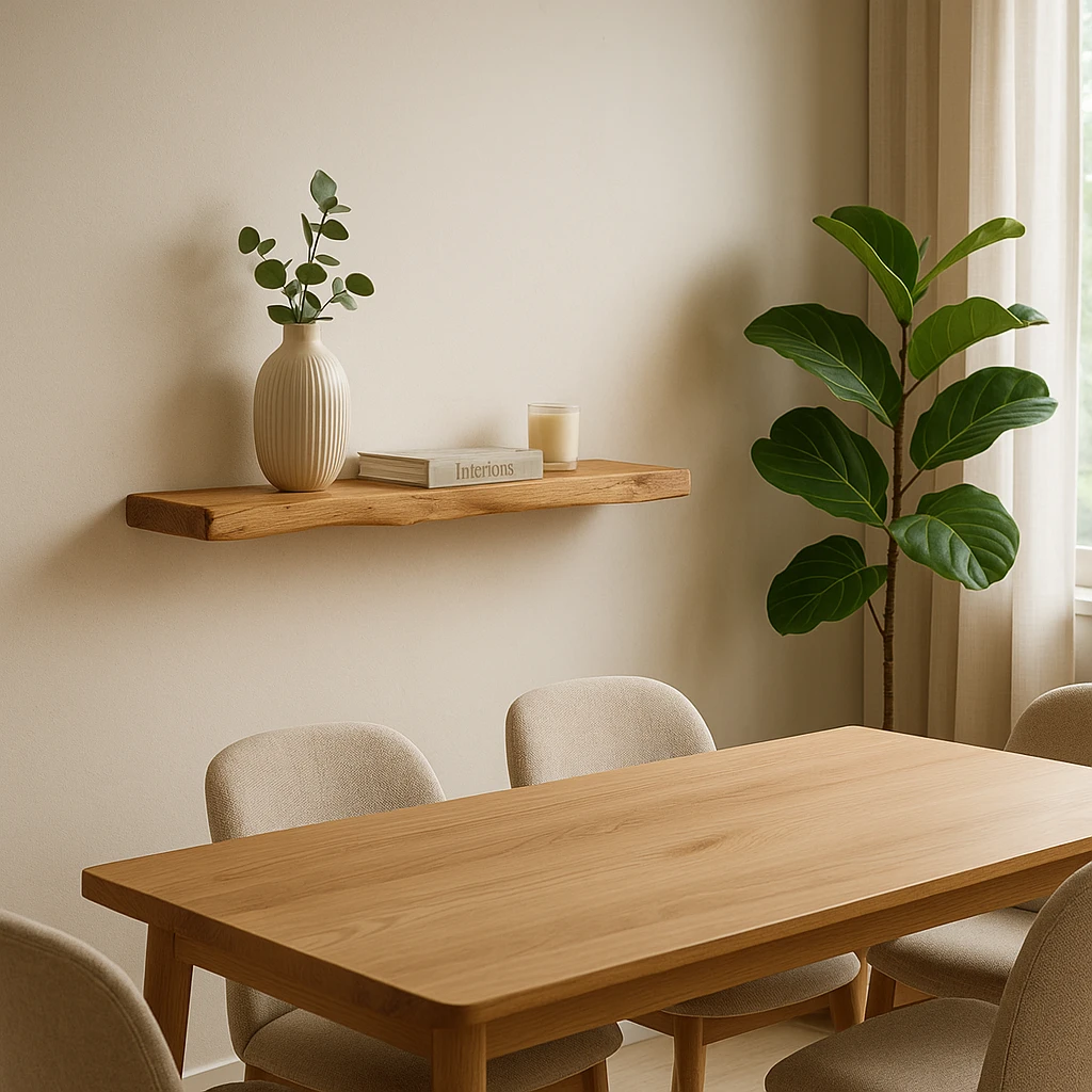 Półka dębowa 100 cm nad stołem w jadalni – grubość 4 cm, naturalne drewno dębowe