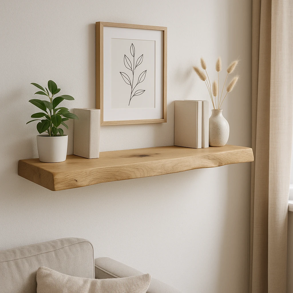 Półka dębowa 100 cm – aranżacja salonu, minimalistyczna forma, lity dąb 4 cm