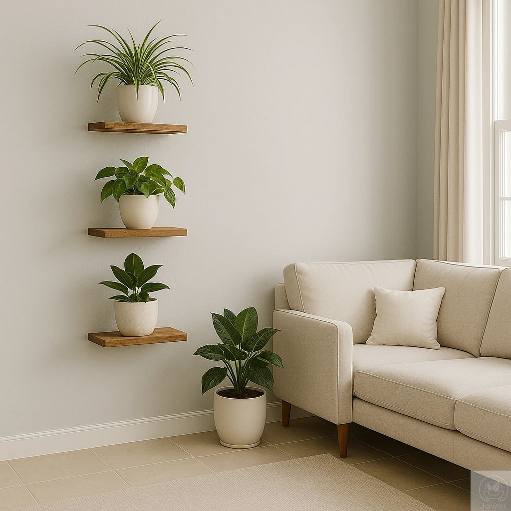 Półka dębowa na kwiaty 30 cm – aranżacja salon premium, lity dąb 2,5 cm, naturalna krawędź, ukryte mocowanie