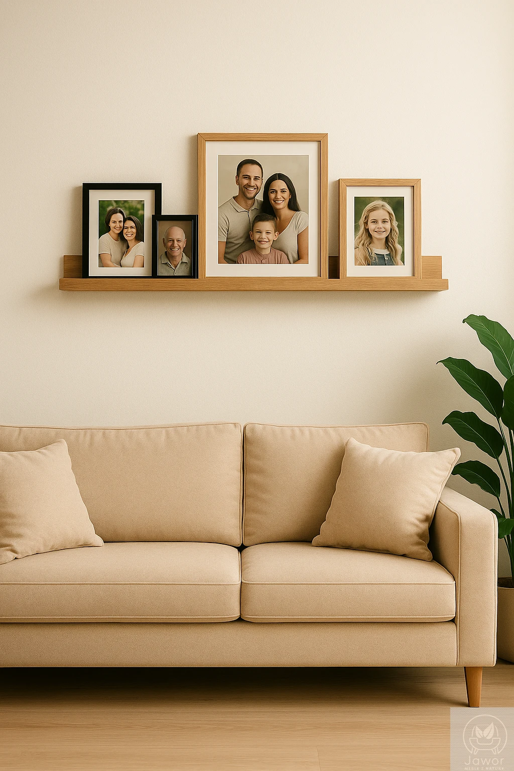 Półka dębowa na zdjęcia 50–100 cm — ujęcie w salonie, galeria ścienna, lity dąb, naturalna krawędź