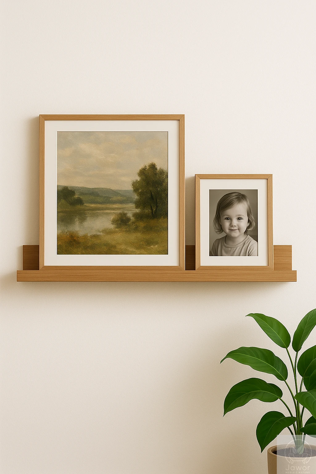 Półka dębowa na zdjęcia 50–100 cm — widok detalu: pejzaż i portret dziecka na półce, naturalny dąb