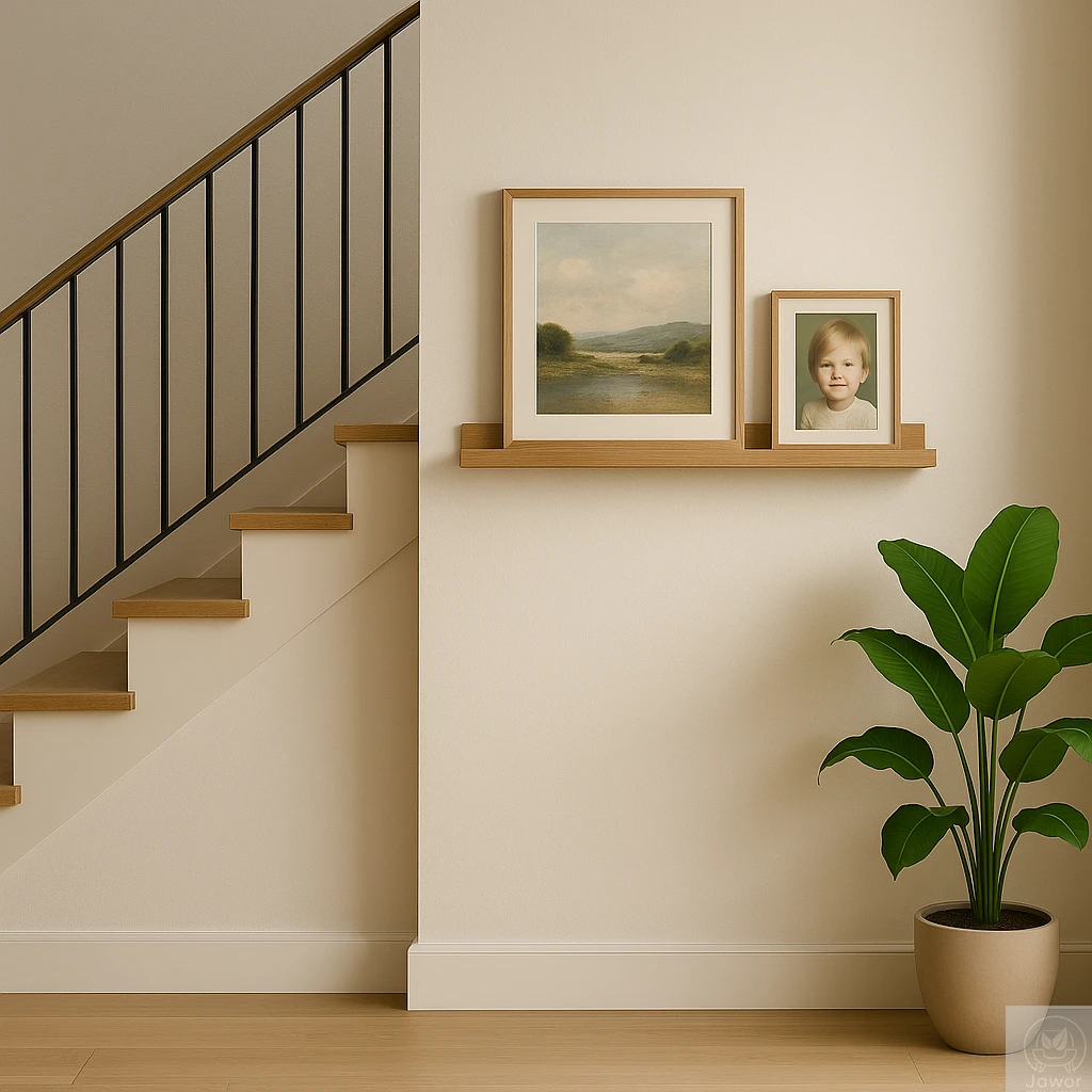 Półka dębowa na zdjęcia 50–100 cm — ujęcie przy schodach, ekspozycja ramek, elegancka aranżacja