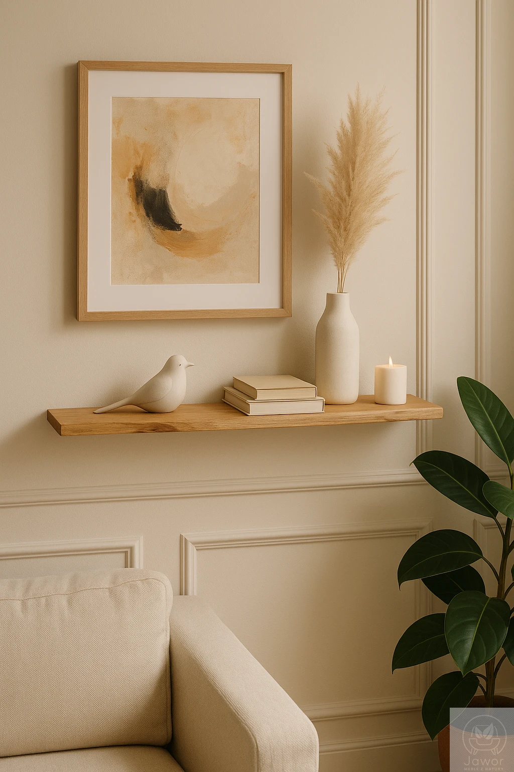 Półka dębowa z naturalną krawędzią 50–100 cm – aranżacja nad sofą, ukryte mocowanie