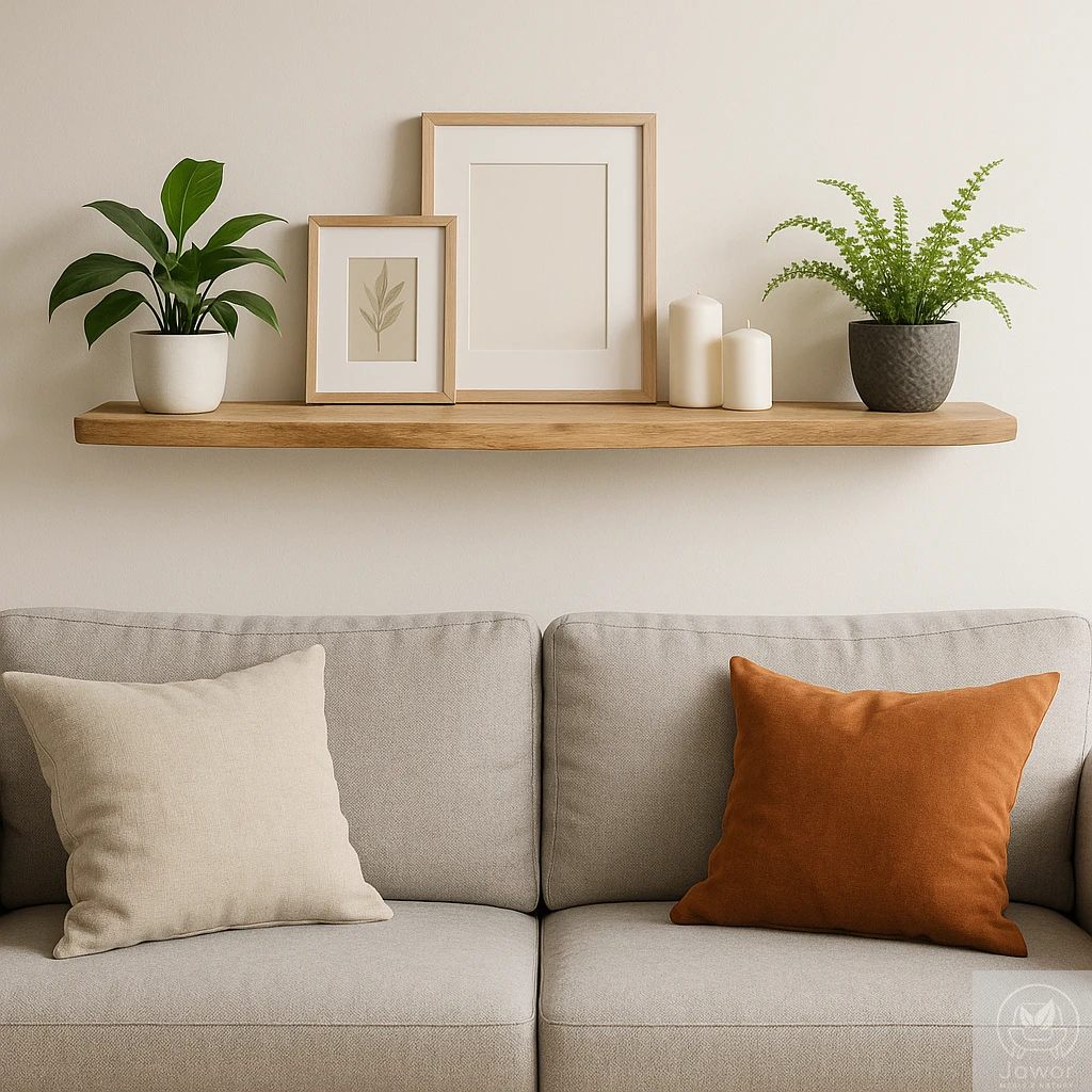 Półka dębowa z naturalną krawędzią – zbliżenie w salonie, usłojenie i nieregularna linia drewna