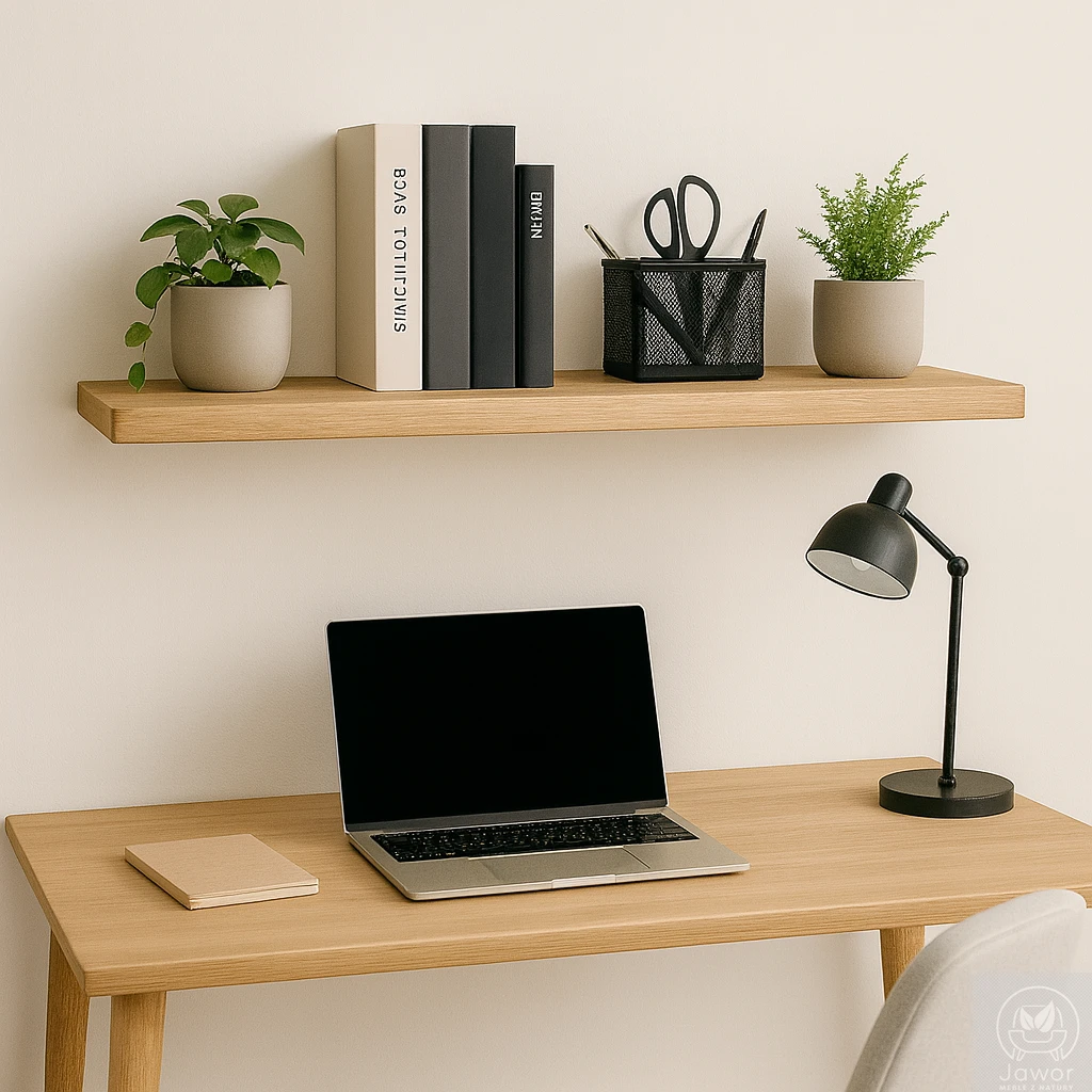 Półka dębowa z naturalną krawędzią – wisząca nad biurkiem, lekka forma i ukryte wsporniki