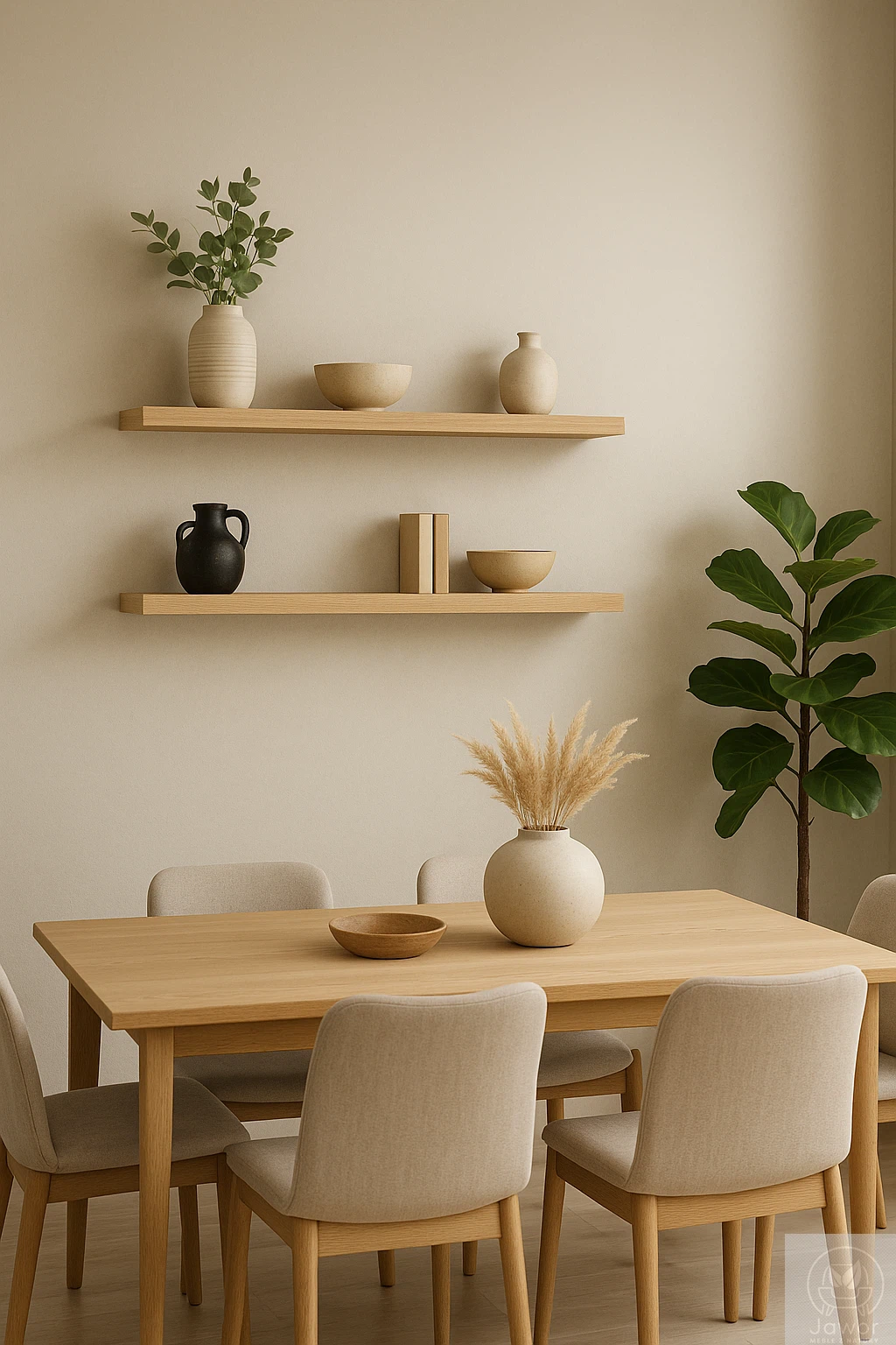 Półka sosnowa na ścianę – olejowana jasna, prosta krawędź, głębokość 20 cm, aranżacja jadalni nad stołem