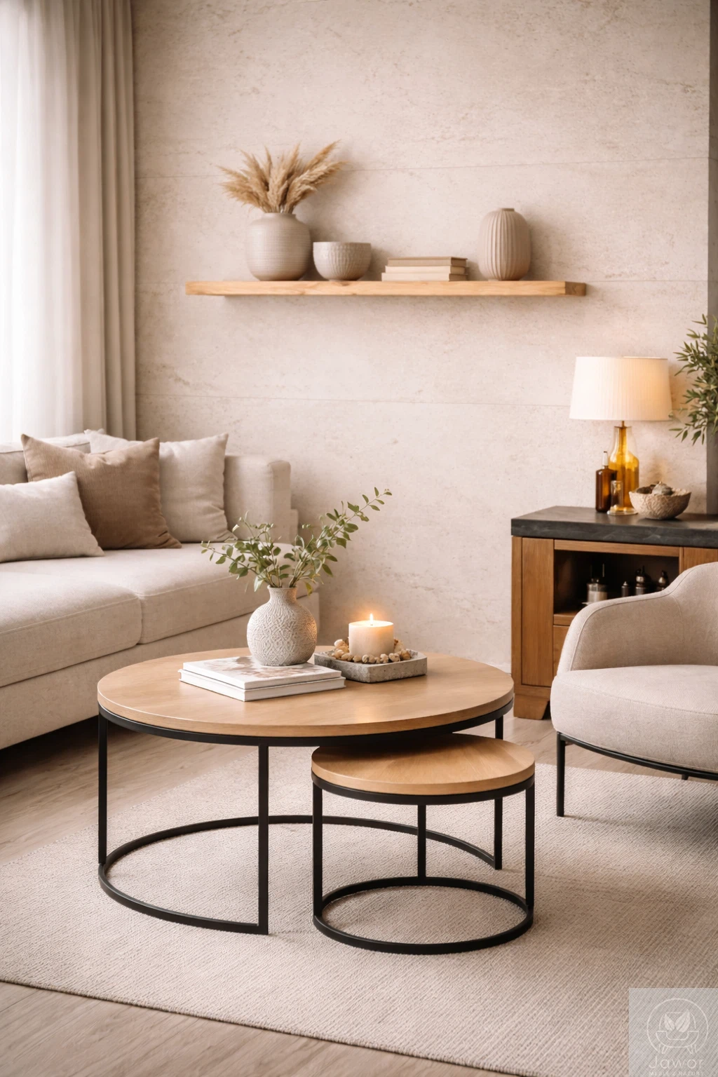 Półka sosnowa na ścianę z naturalną krawędzią – salon ze stolikiem kawowym i rośliną, jasne drewno